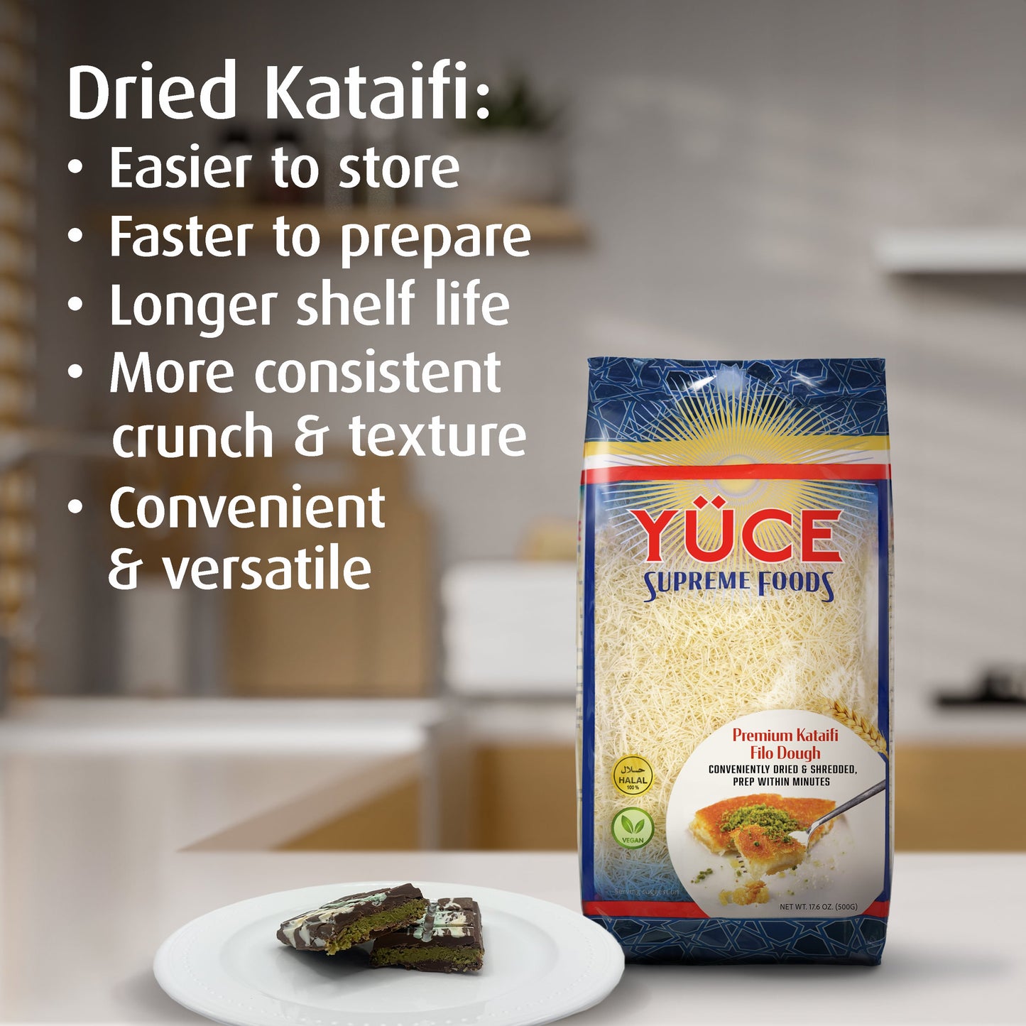 YÜCE Supreme Foods Premium Dried & Shredded Kataifi Filo Dough, Kadayif Phyllo Pastry (500g / 1.1 lb)